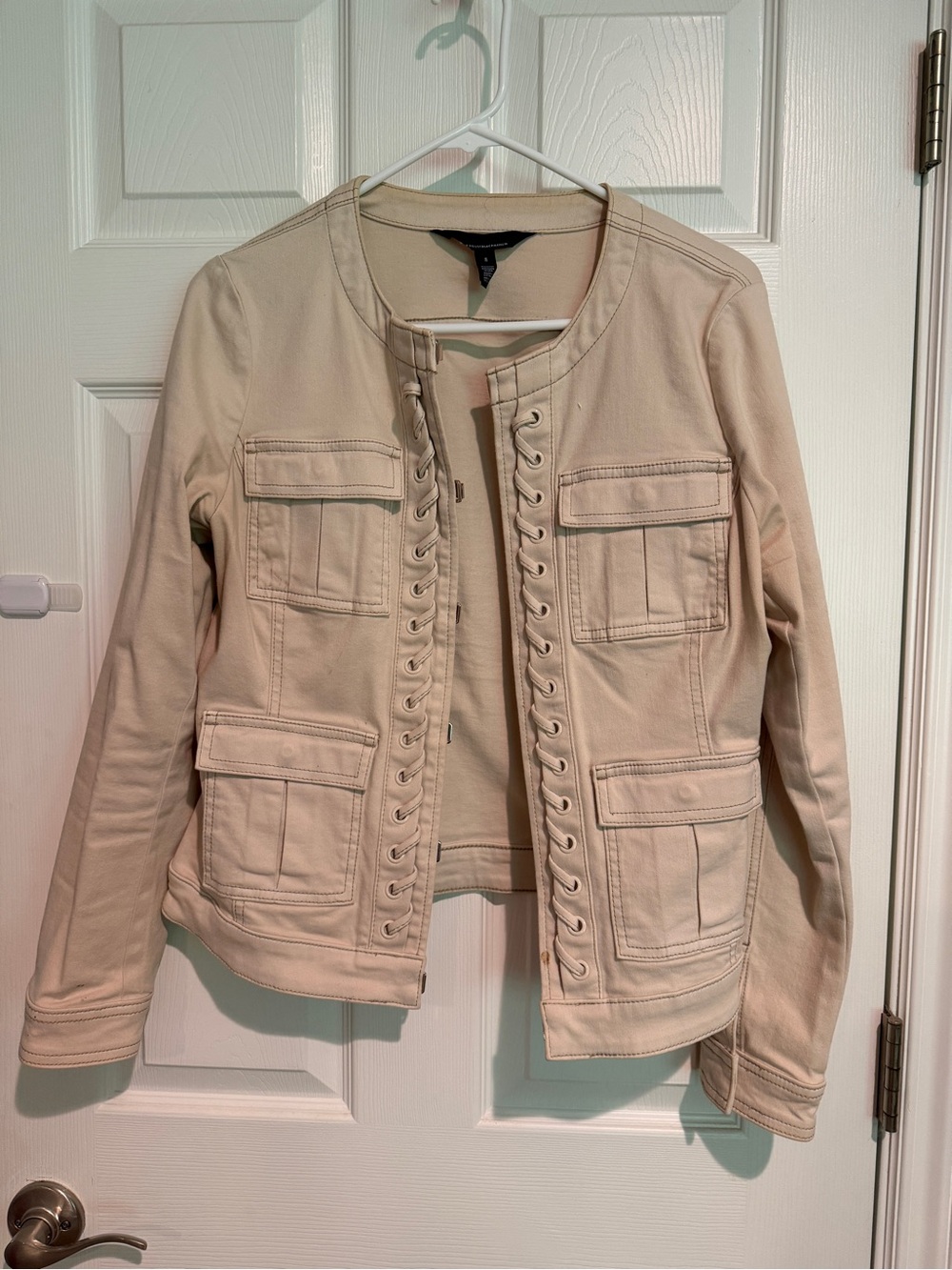 White House Black Market Cream Lace-Up Utility Bomber Jacket